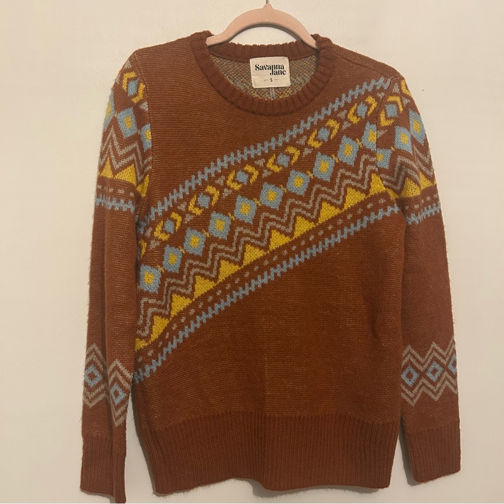 Savanna Jane Rust Brown Blue Long Sleeve Crewneck Sweater Sz S Small